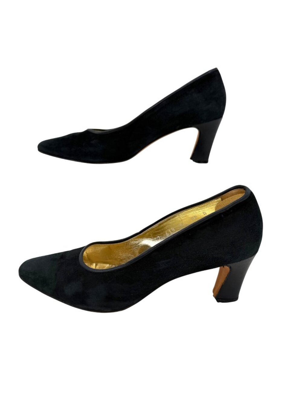 VINTAGE ITALIAN PANCALDI BLACK SUEDE PUMPS HEELS GOLD INTERIOR 8 FITS LK 7